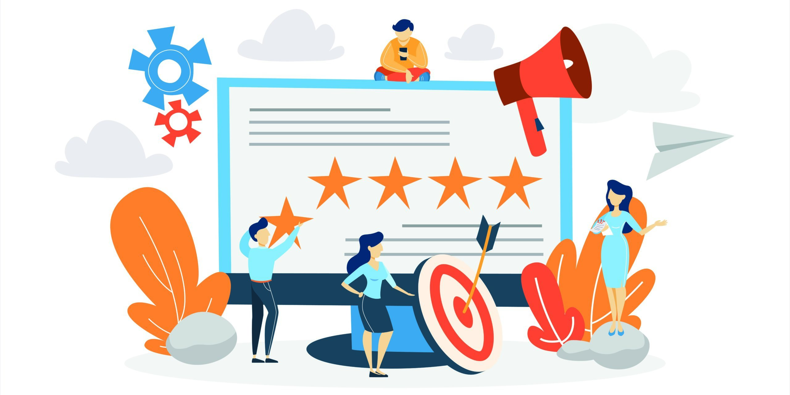 Graphic featuring reviews and people talking about online reputation management.